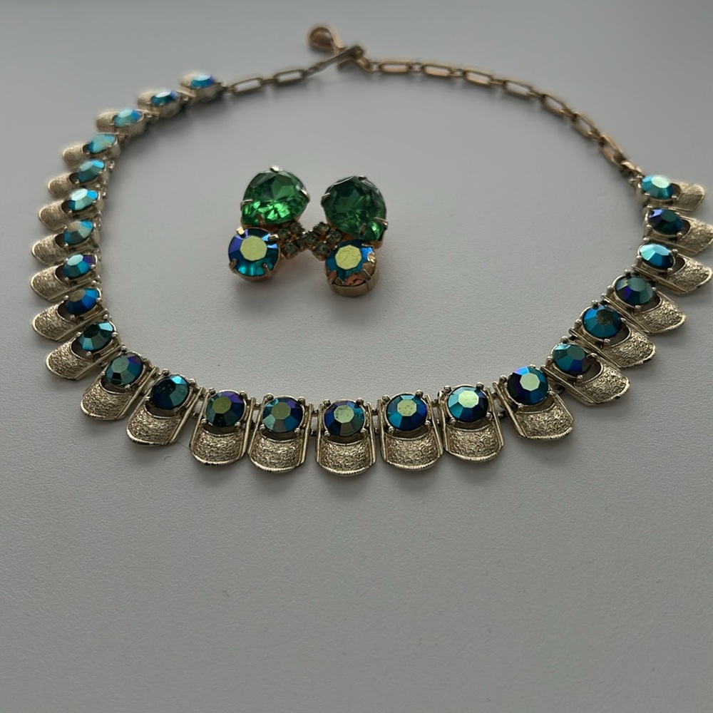 Vintage 1950s Coro Aurora Borealis AB Crystal Earrings and Necklace Set - Picture 7 of 7